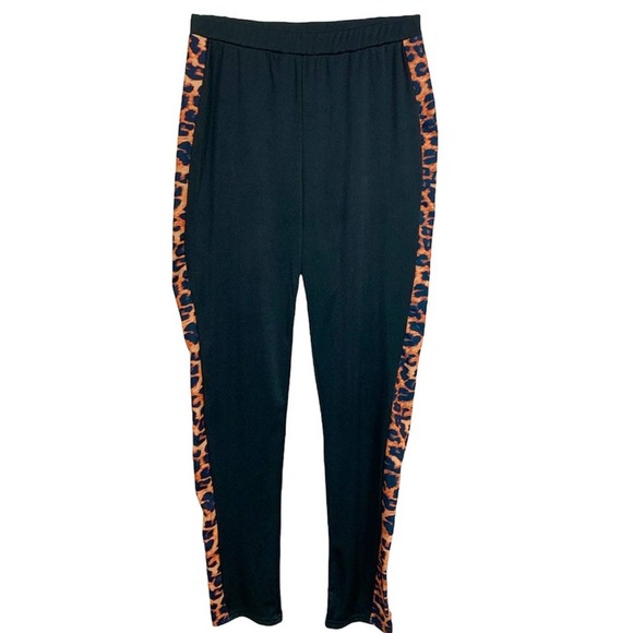 HIGH WAIST ANIMAL PRINT LEOPARD AND BLACK LEGGINGS SIZE M ELASTIC WAIST - Picture 1 of 6